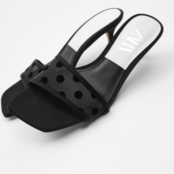 ZARA Black Mesh Heeled Party Sandals Slides 37 NEW 6.5 - Picture 1 of 14